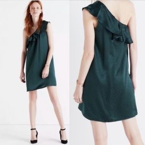 NWT Madewell Green Silk One Shoulder Ruffle Dress